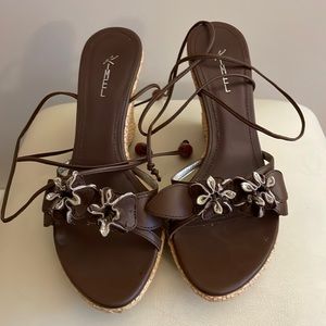 Kimel chocolate leather wedge ankle tie sandal size 7-1/2 M.  4” heel